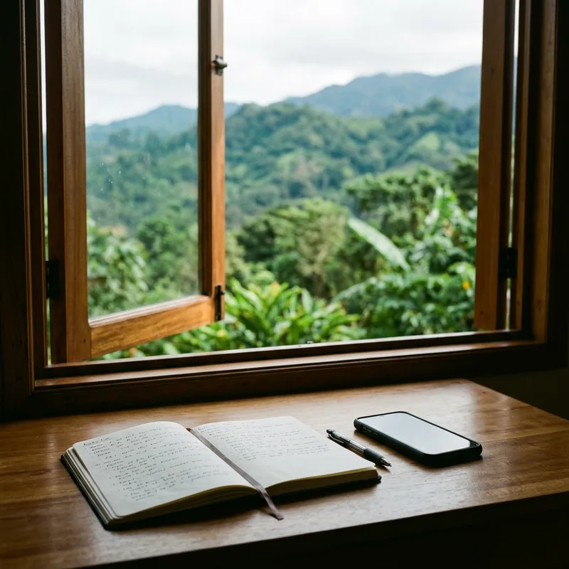 Phone and notebook on a wooden desk beside a window looking onto green hills